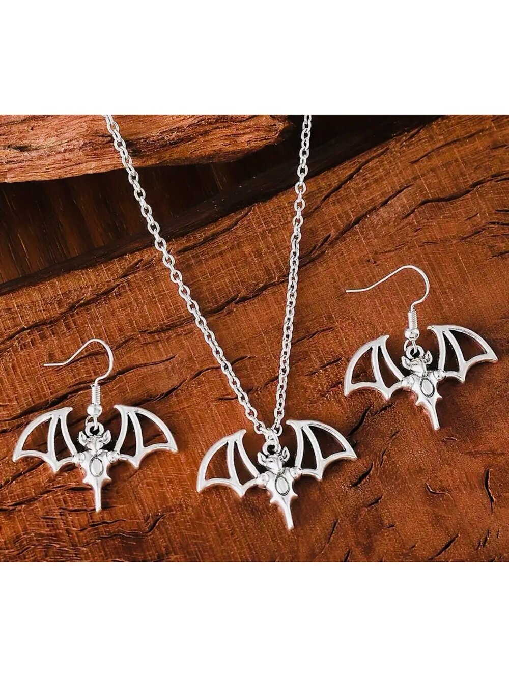New - Vintage Bat Necklace and Earrings Set